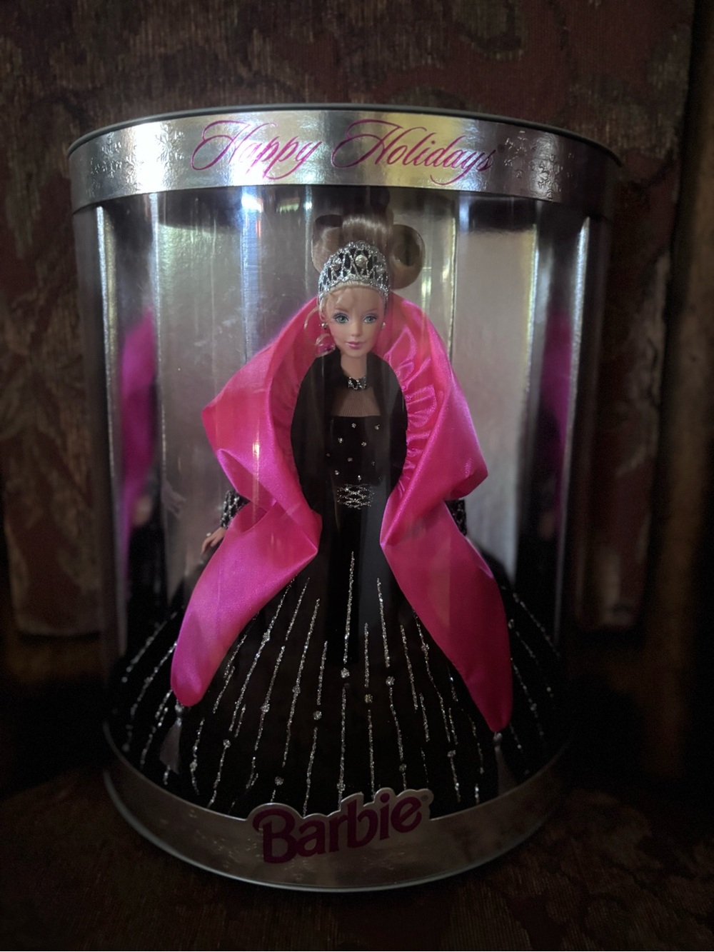 Barbie Holiday Doll in Black Gown with Pink Satin Wrap